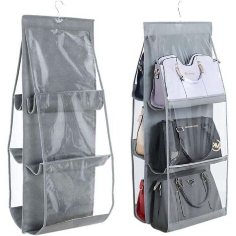 Organizador colgante gris, sistema de almacenamiento para armario, 6 bolsas para el polvo, compartimentos transparentes, tela no tejida. (1/4)