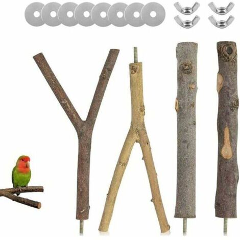 Juego de 4 perchas para pájaros Ahlsen, perchas tipo jaula, juguetes de madera para pájaros, accesorios para periquitos, 2 formas, con 8 arandelas y 4 tuercas de mariposa, para loros y pájaros.