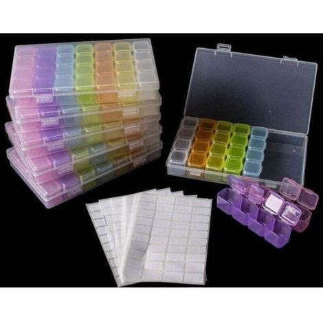 Caja de almacenamiento para pintura de diamantes 5D (paquete de 6, 28 rejillas), accesorios para bordado de diamantes y diamantes para uñas, multicolor, incluye 400 etiquetas para manualidades. (1/4)