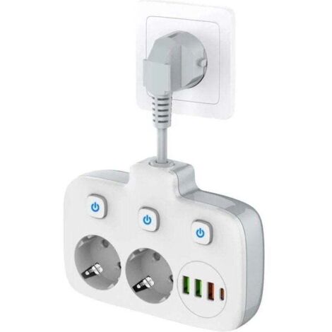 Regleta de enchufes de un solo interruptor con 2 compartimentos, regleta de enchufes con 3 interruptores, enchufe de pared doble con 4 puertos USB, adaptador de enchufe con protección contra sobretens (1/4)
