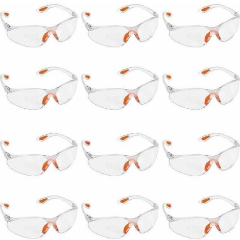 Paquete de 12 gafas de seguridad transparentes: lentes de plástico, puente nasal y patillas de goma para mayor comodidad. Gafas transparentes EPI. (1/4)