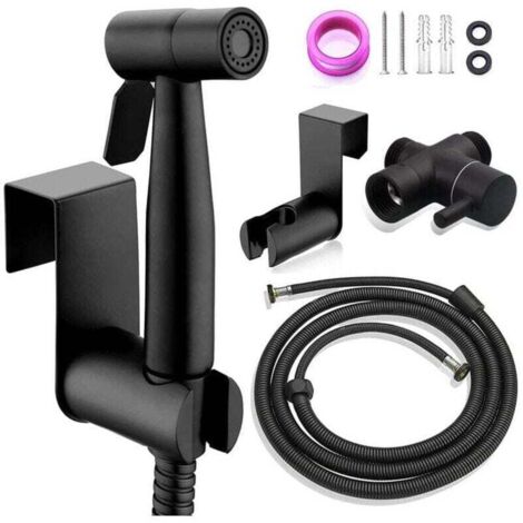 Kit de higiene + grifo de 3 vías - Kit de rociador de bidé para inodoro, rociador de bidé manual, rociador de bidé para inodoro con agua fría y caliente, manguera y soporte, color negro (1/4)