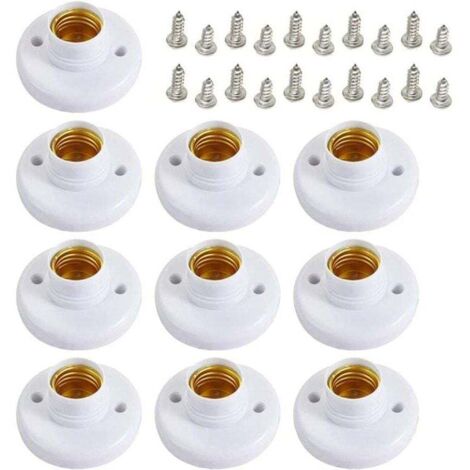 10 portalámparas E27, portalámparas redondos de plástico con rosca, para pared, con tornillos (blanco) (1/4)