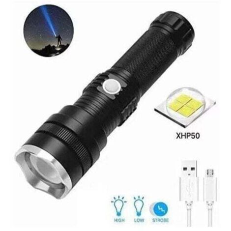 Linterna LED recargable, superbrillante, XHP50, 1800 lúmenes, táctica, con zoom y 3 modos, resistente al agua, para camping y senderismo. (1/4)