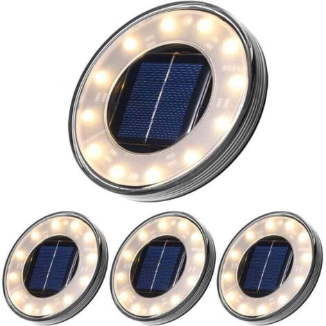 Juego de 4 farolas solares LED de 12 LED cada una para exteriores, impermeables IP68, para entrada de vehículos, jardín, patio, jardín y césped (blanco cálido). (1/4)