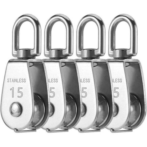 Juego de 4 poleas simples M15 en acero inoxidable 304, polea para tendedero, sistema de poleas M15, gancho giratorio para grúa, cable de carga de 35 kg M15 (1/4)