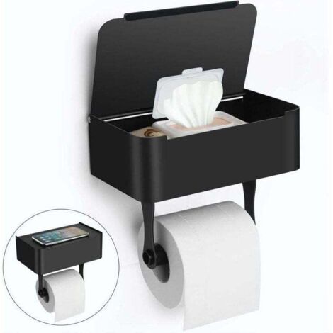Portarrollos de papel higiénico con estante, montado en la pared en acero inoxidable SUS304/portarrollos adhesivo, dispensador de toallitas desechables para guardar toallitas de baño (1/4)