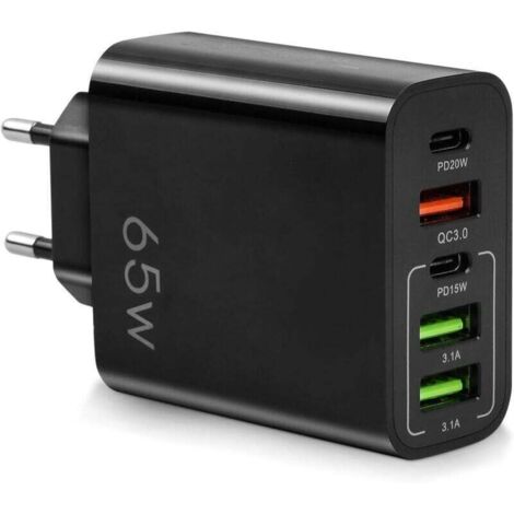 Cargador USB-C rápido de 65 W, adaptador multipuerto con 2 USB-C + 2 USB + 1 QC 3.0, cargador USB de 5 puertos compatible con iPhone 14 Pro Max 13 12 11 XS XR 8 7, MacBook Pro/Air, iPad, Galaxy (negro (1/4)