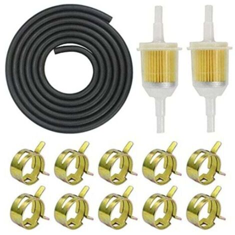 Manguera de filtro de combustible, 2 metros de manguera de combustible, 2 filtros de combustible, 10 abrazaderas de manguera de acero inoxidable para tractores de césped, scooters y motocicletas. (1/4)