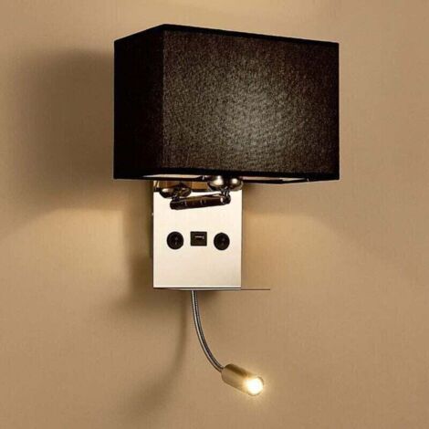 Aplique de pared para interior con luz de lectura LED flexible, aplique de pared para mesita de noche con puerto USB y estante, lámpara de pared para dormitorio con pantalla de tela, luz de lectura de (1/4)