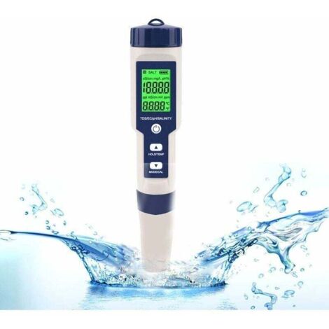 Medidor de pH electrónico, medidor de pH 5 en 1, termómetro de bolsillo, medidor de calidad del agua (PH, CE, sal, TDS) para el hogar, piscinas y acuarios. (1/4)
