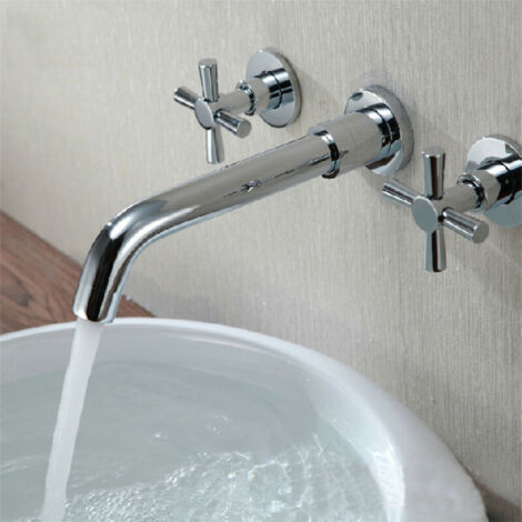Grifo mezclador de lavabo de baño LAVENTE de latón cromado con 2 caños y 3 orificios para montaje en pared. (1/5)