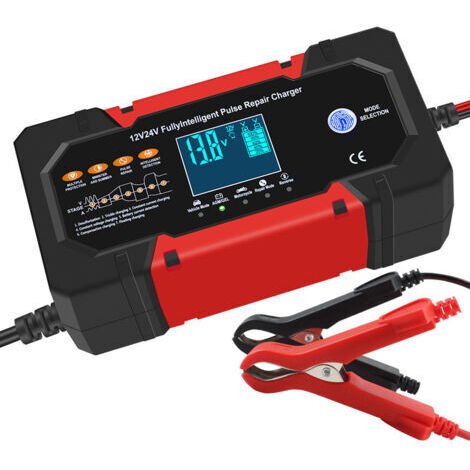 Cargador de batería para coche rojo de 12V 10A 24V 5A, cargador de reparación de pulsos inteligente, cargador de batería para motocicleta compatible con baterías de plomo-ácido.