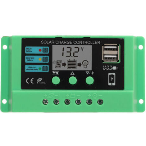 Controlador de carga solar PWM, regulador de panel, pantalla LCD ajustable, 12V, 24V, carcasa verde, 10A (1/4)