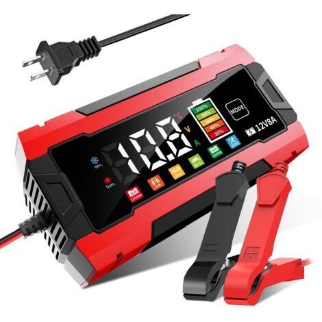 Cargador de baterías para coche y motocicleta de 12 V y 8 A con pantalla a color (rojo) - Producto estrella con gran pantalla LED, compatible con baterías de plomo-ácido y litio. (1/5)