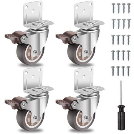 Ruedas giratorias de 50 mm para muebles con 4 frenos, placa de montaje en forma de L, ruedas resistentes de hasta 270 kg, de goma para todo tipo de suelos, muebles, estanterías, baúles de juguetes, ju (1/4)