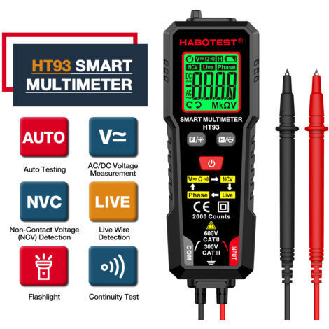 Multímetro digital HT93, comprobador de voltaje, voltímetro de 2000 cuentas, ohmímetro de rango automático, mide con precisión la resistencia CA/CC con prueba de cable con corriente NCV. (1/4)