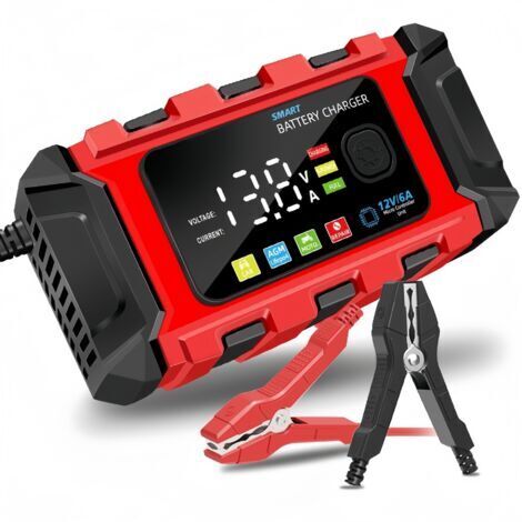 Cargador de baterías para coche y motocicleta de 12 V/6 A con pantalla a color (rojo), pantalla grande, compatible con baterías de plomo-ácido. (1/5)