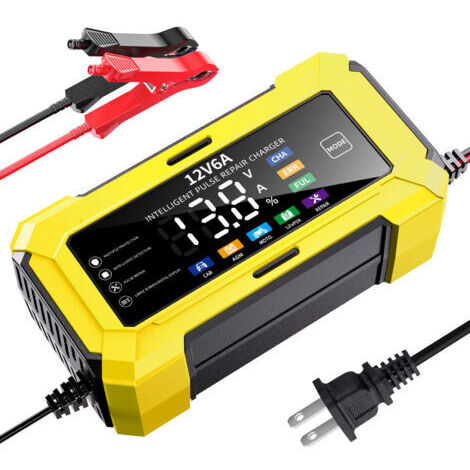 Cargador amarillo de 12 V y 6 A para baterías de coche, baterías de motocicleta y baterías de plomo-ácido y litio-hierro. (1/5)