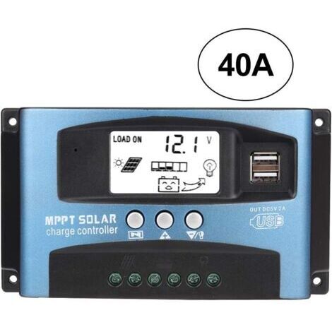 Controlador de carga solar MPPT de 40 A, controlador de batería para panel solar USB de 12 V y 24 V, regulador de batería inteligente con pantalla LCD (40 A) (1/4)