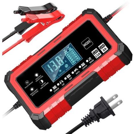 Cargador de pulso rojo de 12 V 15 A / 24 V 8 A, cargador de batería de fosfato de hierro y litio de 12 V 15 A / 24 V 8 A para motocicletas y automóviles, compatible con baterías de plomo-ácido. (1/5)