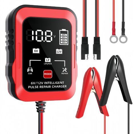 Cargador rojo de 6V/12V para baterías de coche y motocicleta, compatible con baterías de plomo-ácido. (1/5)