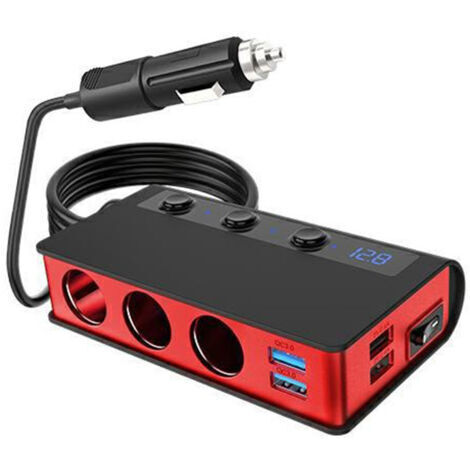 Cargador de coche de alta potencia QC3.0 con uno o tres enchufes para encendedor de cigarrillos, interruptor, 4 puertos USB, 180 W, carga rápida, color rojo. (1/4)