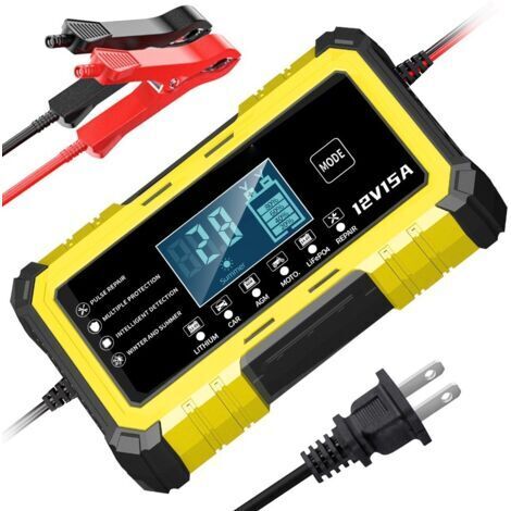Cargador de batería inteligente amarillo de 12 V y 15 A para motocicletas, automóviles y baterías de plomo-ácido/litio-hierro (compatible con baterías de plomo-ácido).