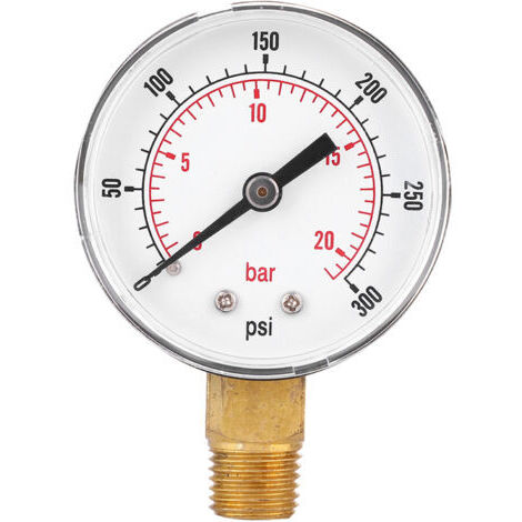 Manómetro de presión de 50 mm con rosca de latón 1/4 BSPT para combustible, aire, aceite, gas y agua (0-300 PSI, 0-20 Bar). (1/4)