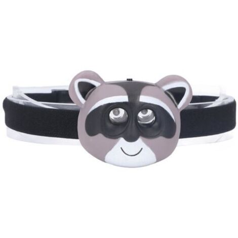 Linterna frontal infantil con diseño de mapache, 2 modos de iluminación, faro LED de plástico ligero, funciona con pilas. (1/4)
