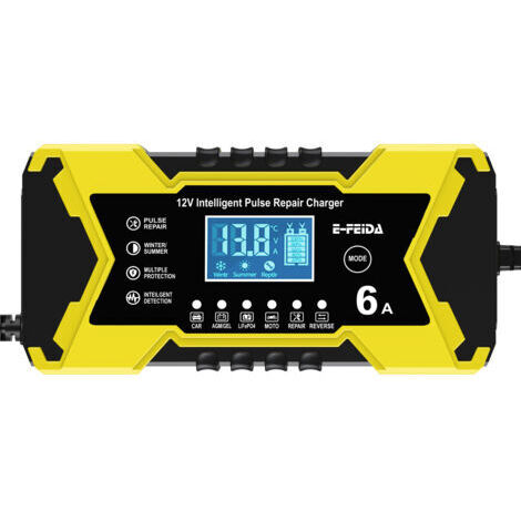 Cargador de batería para coche amarillo de 12 V y 6 A, cargador de 12 V para baterías de plomo-ácido. (1/5)