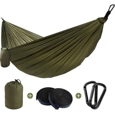 Hamaca ultraligera de viaje para camping, capacidad de carga de 200 kg (270 x 140 cm), nailon de paracaídas, 2 mosquetones, 2 correas de nailon para interior/exterior. (1/4)