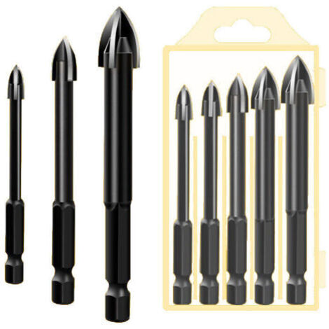 Juego de 5 brocas de carburo de tungsteno para mampostería, aptas para metal, acero, baldosas cerámicas, porcelana, hormigón, ladrillo, plástico y madera, color negro.