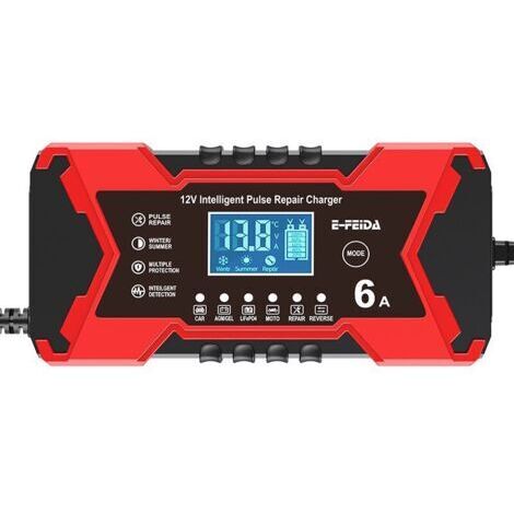 Cargador de batería para coche rojo de 12 V y 6 A, cargador de 12 V para baterías de plomo-ácido. (1/5)