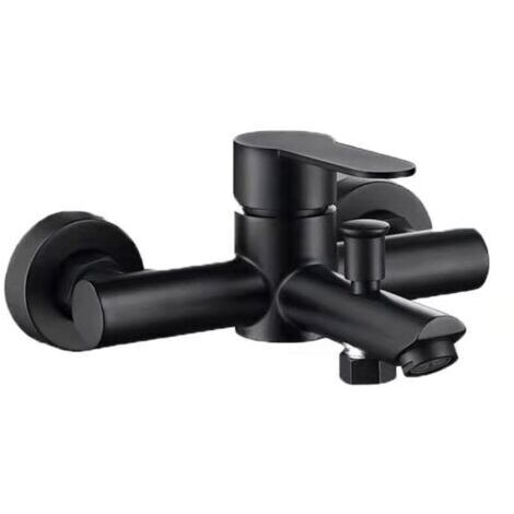 Grifo mezclador de baño de acero inoxidable, 2 orificios, color negro, agua fría y caliente. (1/5)