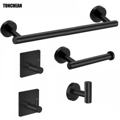 Juego de toalleros, 5 piezas, barra para toallas de baño, gancho para toallero, soporte de pared de acero inoxidable para toallas de baño, negro, anillos y rieles para toallas