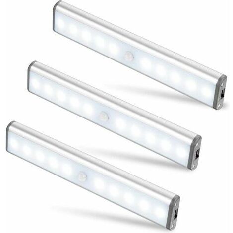 Tres luces LED de 10 LED para armarios, inalámbricas, recargables por USB, magnéticas, con sensor de movimiento, 2 modos de iluminación, portátiles. Luces para armarios, luces de emergencia, luces noc (1/4)