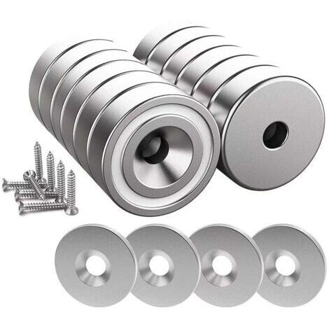 12 imanes de neodimio de 10 kg de fuerza, 20 x 7 mm, con orificio y cápsula, imán de cazoleta avellanado con tornillo y 12 almohadillas de acero (plata brillante). (1/4)