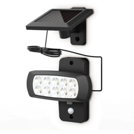 Foco LED solar para exteriores IP44, detector de movimiento PIR, foco de pared negro para el hogar, patio, balcón, resistente a salpicaduras, luz blanca fría de 6500K.