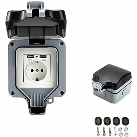 Enchufe doble para exteriores con puerto USB, resistente al agua y duradero, equipado con una sencilla caja de empotrar para uso en exteriores. (1/5)