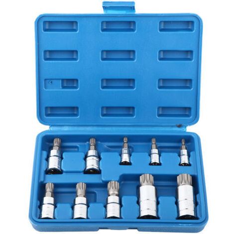 Juego de 10 piezas de llaves de vaso estriadas de triple cuadrado de 12 puntas M4-M18 de 1/4", 3/8" y 1/2". Kit de herramientas de reparación. (1/4)