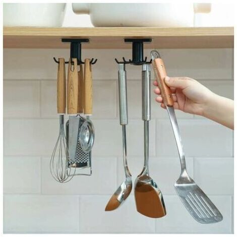 Soporte giratorio de 360° para utensilios de cocina, 6 ganchos, estante para utensilios de cocina debajo del gabinete, no requiere perforación, organizador de ganchos de almacenamiento para cocina/bañ (1/5)