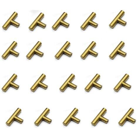 Juego de 20 tiradores de acero inoxidable cepillado en forma de T para armarios de cocina con tornillos, pomos de acero inoxidable para cajones, armarios y decoración del hogar (dorado) (1/4)