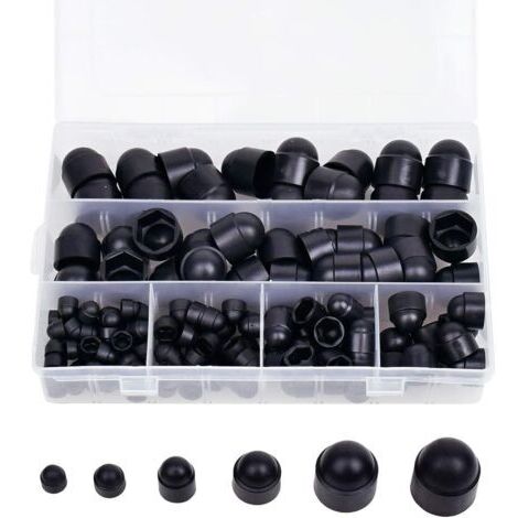 Paquete de 145 tapas de goma para tuercas hexagonales, tapas para tornillos, tapones para tornillos, kits de tuercas de plástico con caja de almacenamiento, 145 piezas negras M4 M5 M6 M8 M10 M12 (1/4)