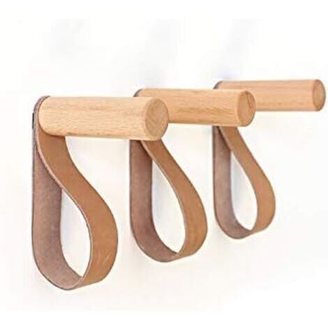 Ganchos de pared de cuero, perchero de pared de madera para colgar bolsos, toallas y abrigos, diseño moderno escandinavo (juego de 3)
