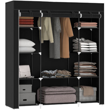 Armario plegable de tela con barra para colgar ropa y estantes, 150 x 43 x 162,5 cm, negro. (1/5)