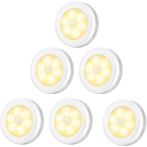 Luz LED para armario/gabinete, paquete de 6 luces nocturnas para armarios, iluminación LED con sensor de movimiento y base magnética, para escaleras, cocina, vitrinas, gabinetes (funciona con pilas), (1/5)