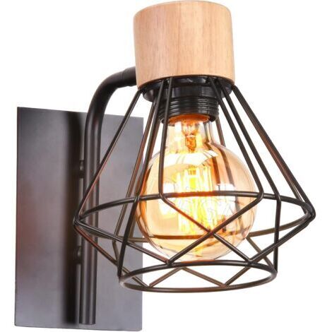 Aplique de pared industrial vintage para interiores, con pantalla metálica E27 y base de madera, ideal para salón, pasillo o bar. Casquillo de latón. (1/5)