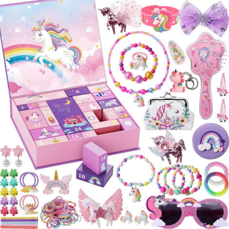 Calendario de Adviento 2024 para niñas, adolescentes y bebés, unicornios, princesas, calendario de Adviento con joyas infantiles, accesorios para el cabello, calendario de Adviento navideño (1/4)