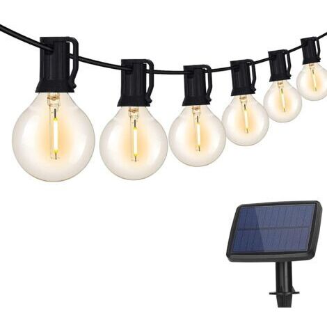 Guirnalda de luces solares para exteriores, 7,6 m, LED G40 con 12+1 bombillas, 4 modos de iluminación, resistente al agua IP65, ideal para jardín, patio, fiestas y Navidad. Luz blanca cálida.